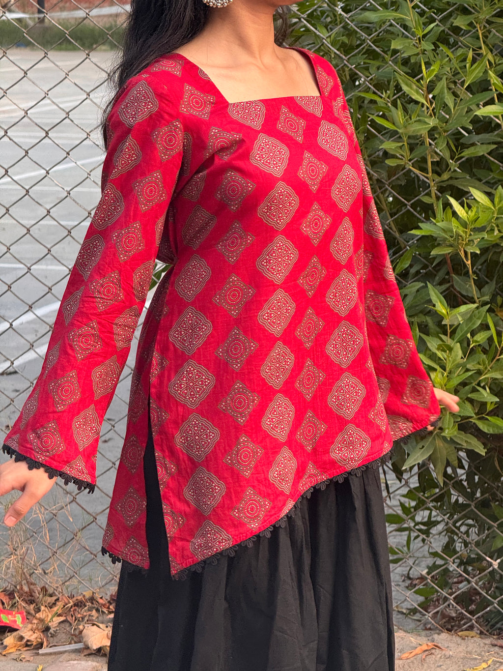 Red Asymmetrical Ajrak Kurti