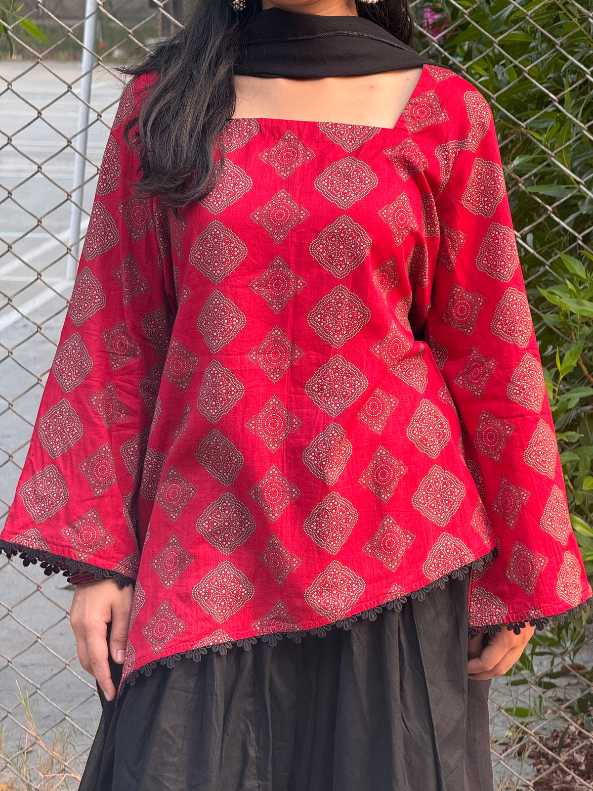 Red Asymmetrical Ajrak Kurti
